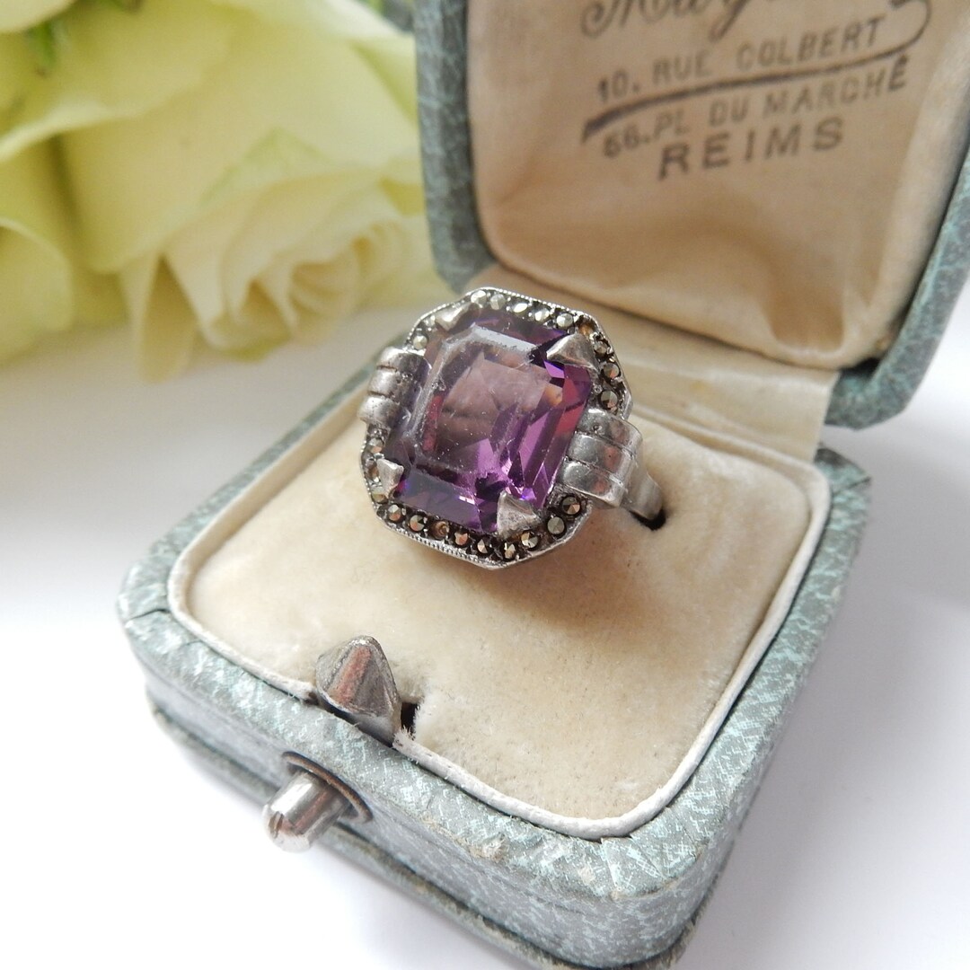 Bague Ancienne Style Art Déco - Argent 925 Avec Marcassites Et Améthyste - Taille 57 - Occasion En Bon état