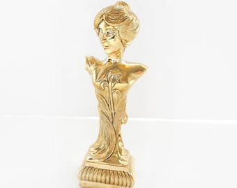 Goldplated Art Nouveau Lady Signet Seal Wax Stamp Desk Accessory