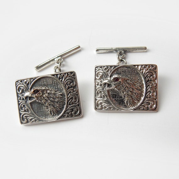 Silver Ruby American Eagle Hawk Cufflinks Sterlin… - image 2