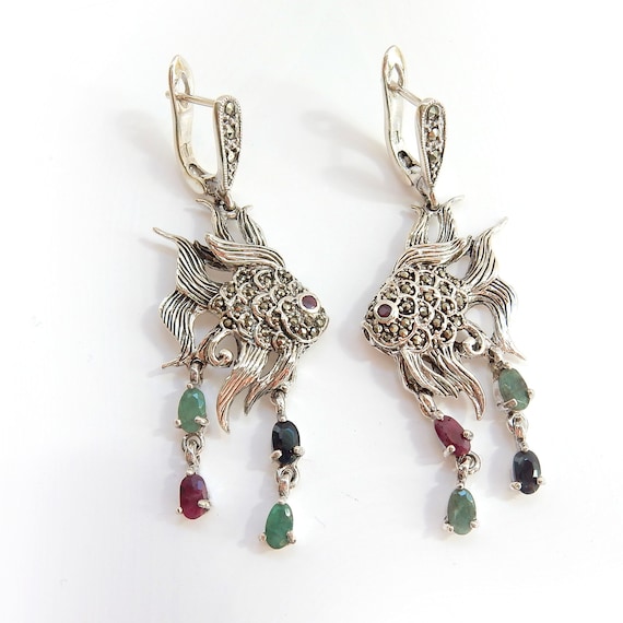 Sterling Silver Emerald Ruby Sapphire Fish Earrin… - image 1