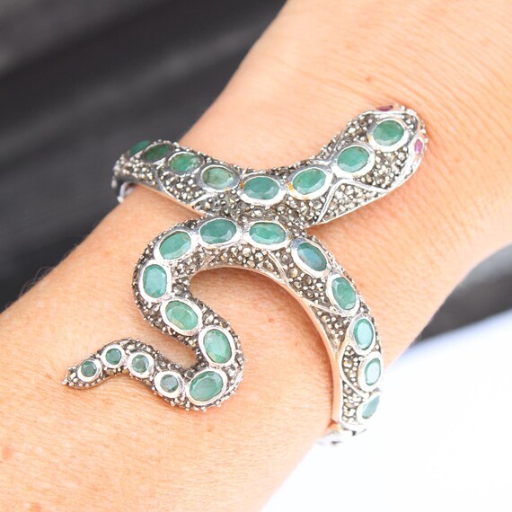 Sterling Silver Emerald Ruby Marcasite Snake Cuff… - image 9