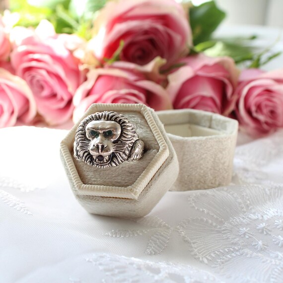 Solid Silver Lion Emerald Ruby Signet Ring - image 2