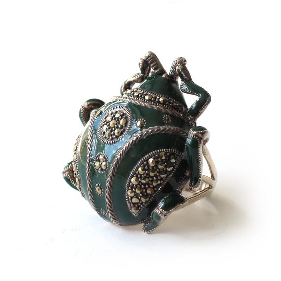 Exceptional Solid Silver Green Enamel Marcasite S… - image 4