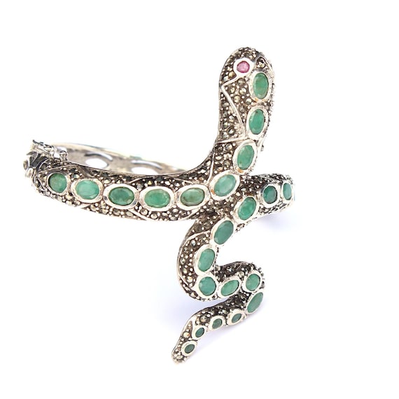 Sterling Silver Emerald Ruby Marcasite Snake Cuff… - image 2