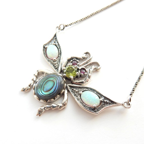 Opal Peridot Abalone Shell Wasp Insect Necklace S… - image 4