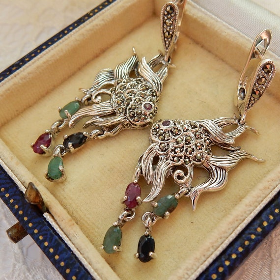 Sterling Silver Emerald Ruby Sapphire Fish Earrin… - image 3