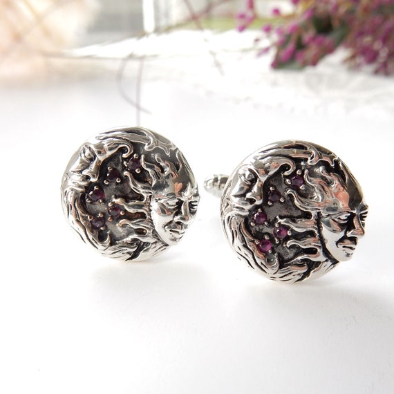 Sterling Silver Ruby Sun Moon Astrology Cufflinks… - image 2