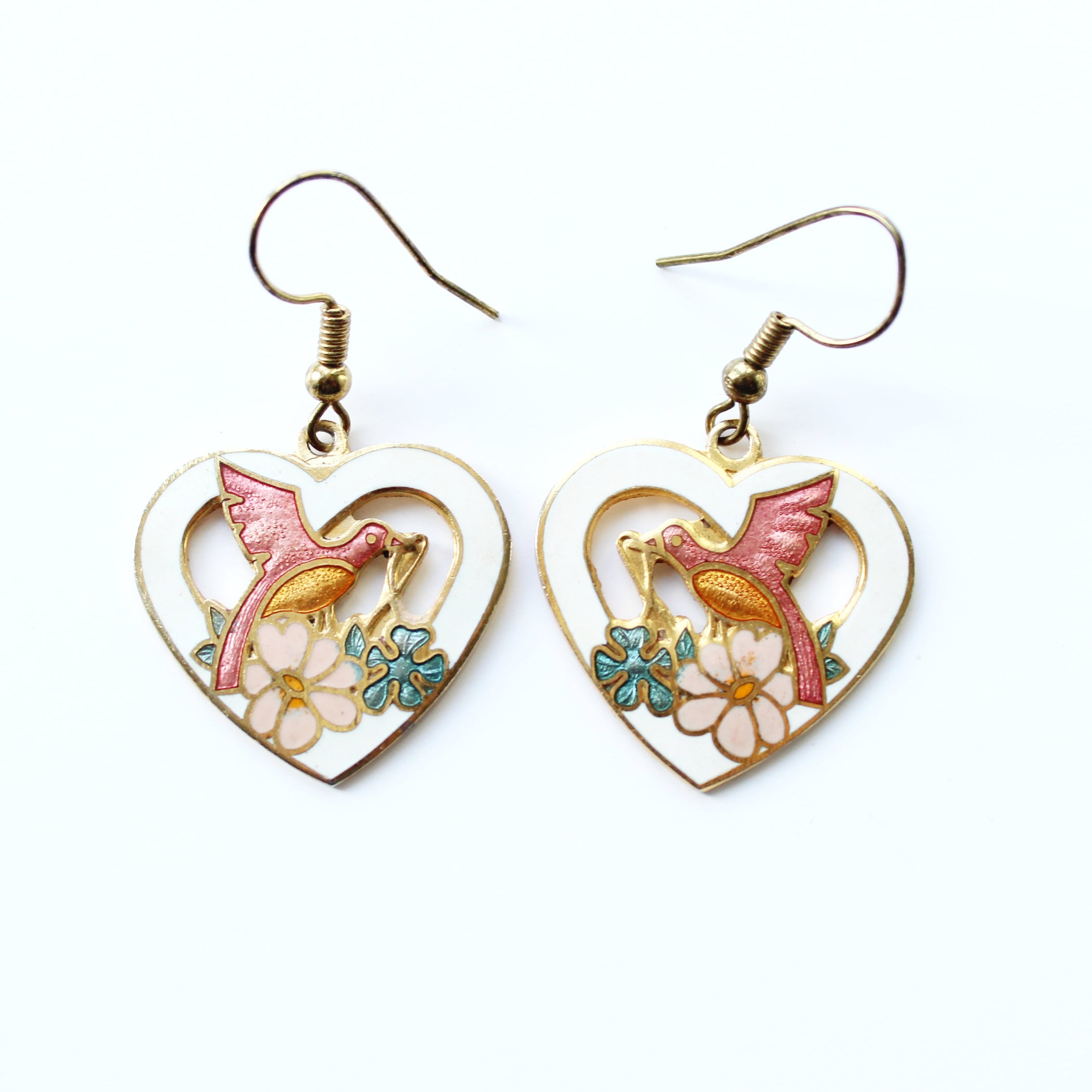Vintage Cloisonne Enamel Love Bird Heart Earrings, image size:2100x2100