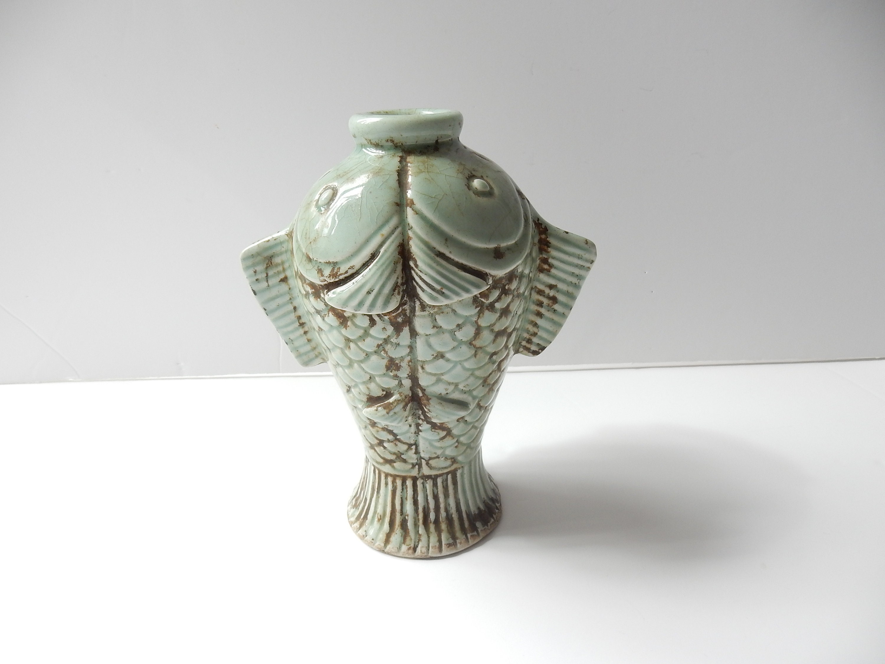 古美術 双魚 青磁 壺 花瓶 ヴィンテージ中国青磁磁器双魚花瓶 - Etsy 日本