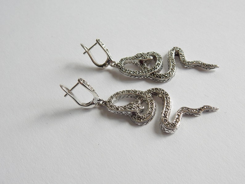 Sterling Silver Twisted Serpent Snake Marcasite Earrings