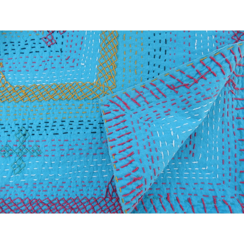 Amazing Hand Embroidered Blue Blanket Handmade Kantha Ralli Quilt