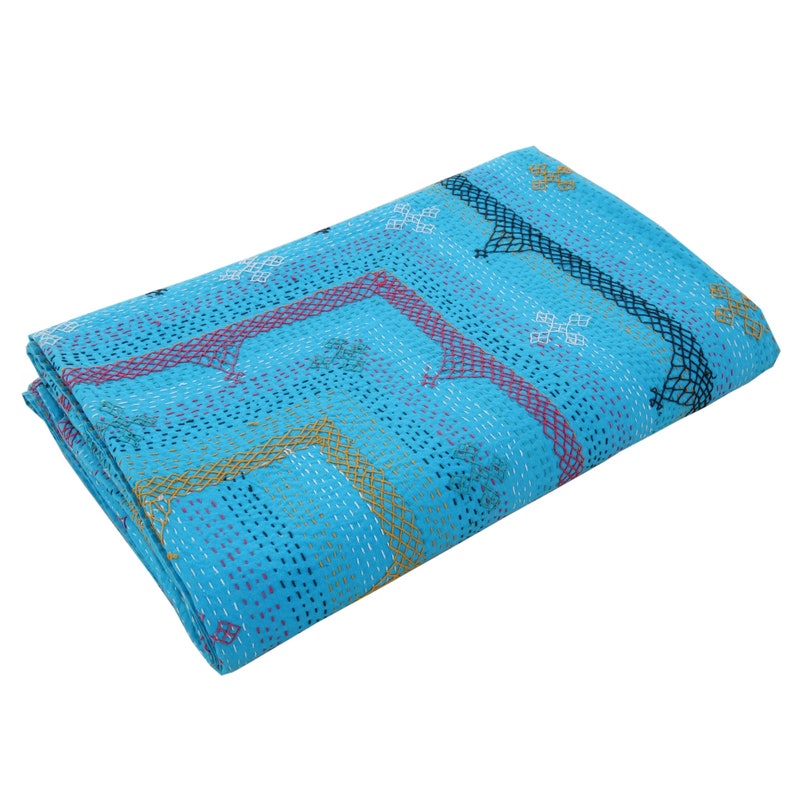 Amazing Hand Embroidered Blue Blanket Handmade Kantha Ralli Quilt