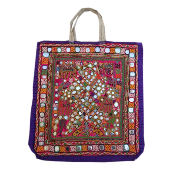 Vintage Hand Embroidered Mirror Work Bag Indian Ha
