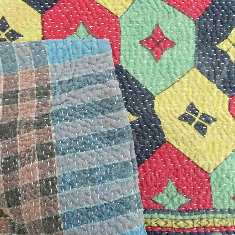 Bohemian Handmade Quilt Indian Hand Stitched Blanket Unique Kantha Ralli