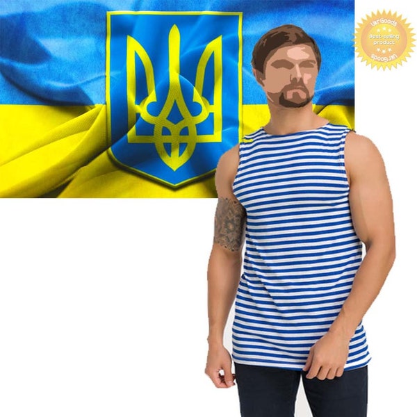 Himmelblaue, ärmellose ukrainische Airborn Telnyashka-Militär-gestreifte T-Shirt-Weste aus 100 % Baumwolle