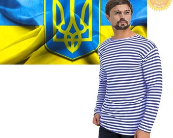 Sky Blue Long Sleeve Ukrainian Airborn Telnyashka Military Striped T-shirt Cotton 100 %