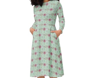 Vestido midi de neuronas y flores, regalo científico de manga larga