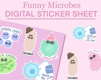Funny Microbes DIGITAL Sticker Sheet, Digital Download, Microbiology, Biology, Biochemistry, Science Teacher, Cute, Laboratory, Graduation