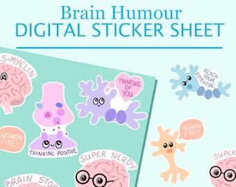 Hoja de pegatinas digitales sobre humor cerebral, neurología y neurociencia (PDF, PNG)
