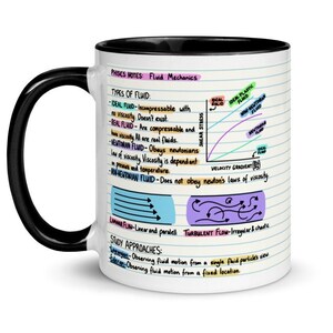 May include: White ceramic mug with a black rim and handle. The mug features handwritten notes about fluid mechanics, including types of fluids, shear stress, and study approaches. The notes are written in various colors, including blue, green, pink, and purple.