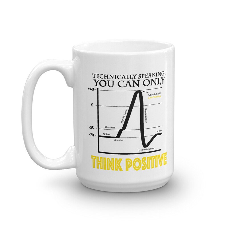 May include: White ceramic mug with a black and white line graph and the text "Technically speaking, you can only think positive". The graph shows a spike in the line, labeled "Action Potential (aka thinking)".