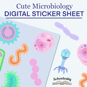May include: A digital sticker sheet with cute illustrations of various microbes, including bacteria, viruses, and a cell. The sheet is designed for use in digital planners or notebooks. The text "Cute Microbiology DIGITAL STICKER SHEET" is at the top of the sheet.