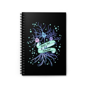 May include: Black spiral notebook with a blue, purple, and pink neuron illustration and the text "You've Got Potential" on a teal ribbon.