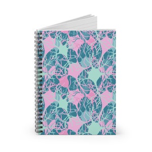 May include: A spiral bound notebook with a pink and blue pattern of stylised neurons. The notebook cover features a repeating pattern of neuron shapes with intricate branching structures.