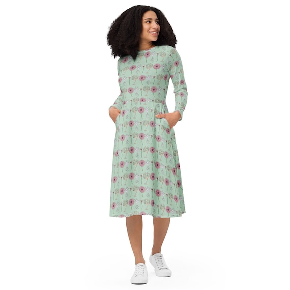 Nerves and Flowers Long Sleeve Midi Dress