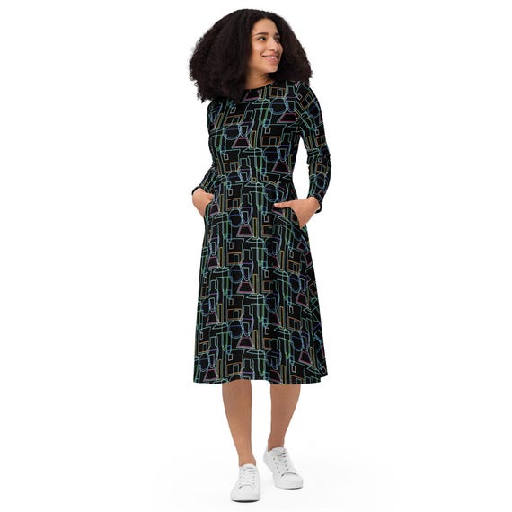 Chemistry Lab Lines Long Sleeve Midi Dress
