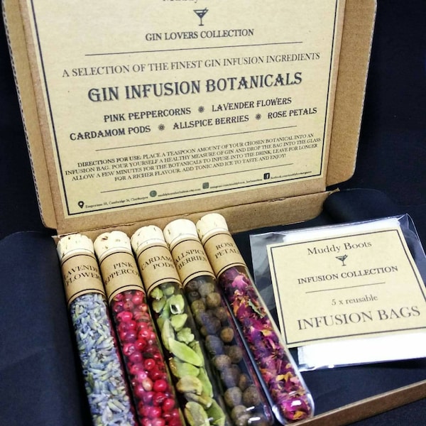 ジン・インフュージョン・ボタニカル。ジン愛好家への贈り物に最適です。ジントニックカクテルの材料、ジン愛好家向けギフトセット、DIYジン作りキット。