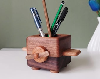 Wooden Airplane Pen Holder, Walnut Desk Organizer, Minimalist Office Decor