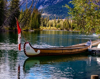 Banff National Park, Landscape Photography, Canoe, Bow River, digital print, poster print, Alberta Canada, Rocky Mountains, Photography.