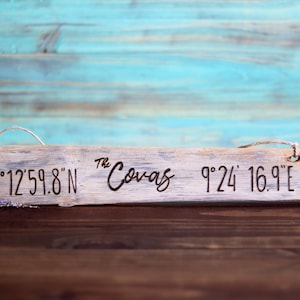 Personalized Gift Driftwood Sign | Longitude Latitude Custom Coordinate | first home Housewarming Wedding Anniversary Coastal Beach nautical