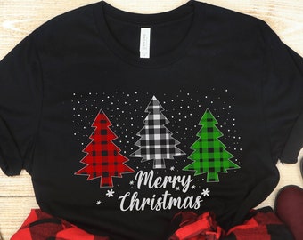 Merry Christmas Shirt, Red White Green Plaid Trees T-Shirt, Christmas Tree Shirt, Holiday Shirt, Christmas Gift, Buffalo Plaid Xmas Shirt