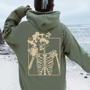 Hot Coffee Drinking Skeleton Hoodie, Skeleton Coffee Hoodie, Staying Alive Coffee Hoodie,Skeleton Hoodie, Skeletons Halloween Skull Hoodie