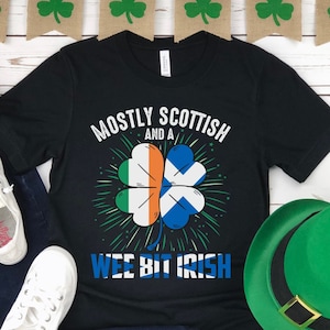 Scottish Wee Bit Irish Funny St Patricks Day Shirt, Shamrock with Scotland Ireland Flag, Patriotic St Paddys Day T-shirt, Unisex St Patty&#39;s