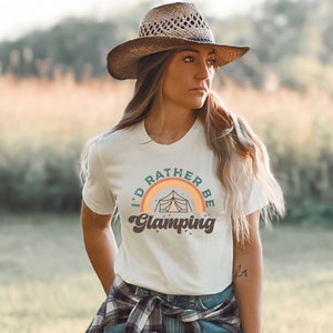 I&#39;d Rather Be Glamping Shirt, Retro Camping Shirts For Women, Glamping Shirts, Hiking Mountain Happy Camper Tshirt, Adventure Nature Lover