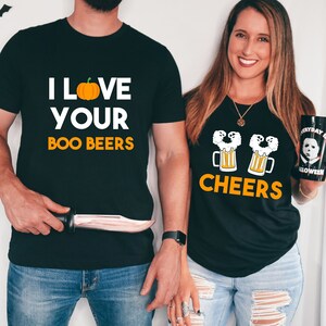 Funny Halloween Shirt Couples, Couple Halloween Shirts, Funny Boo Beers His & Her Drinking Party Sweater, Matching Halloween Adult Costume