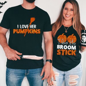 Funny Halloween Shirt Couples, Couple Halloween Shirts, I Love Her Pumpkins His Broomstick Sweatshirt, Matching Halloween Adult Costume