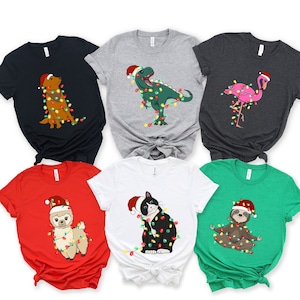 Animal Christmas Lights Shirt, Funny Group Cat Dog Shirts, Matching Family Christmas Animal Tees, Flamingo Dinosaur Sloth Lover Xmas Shirt