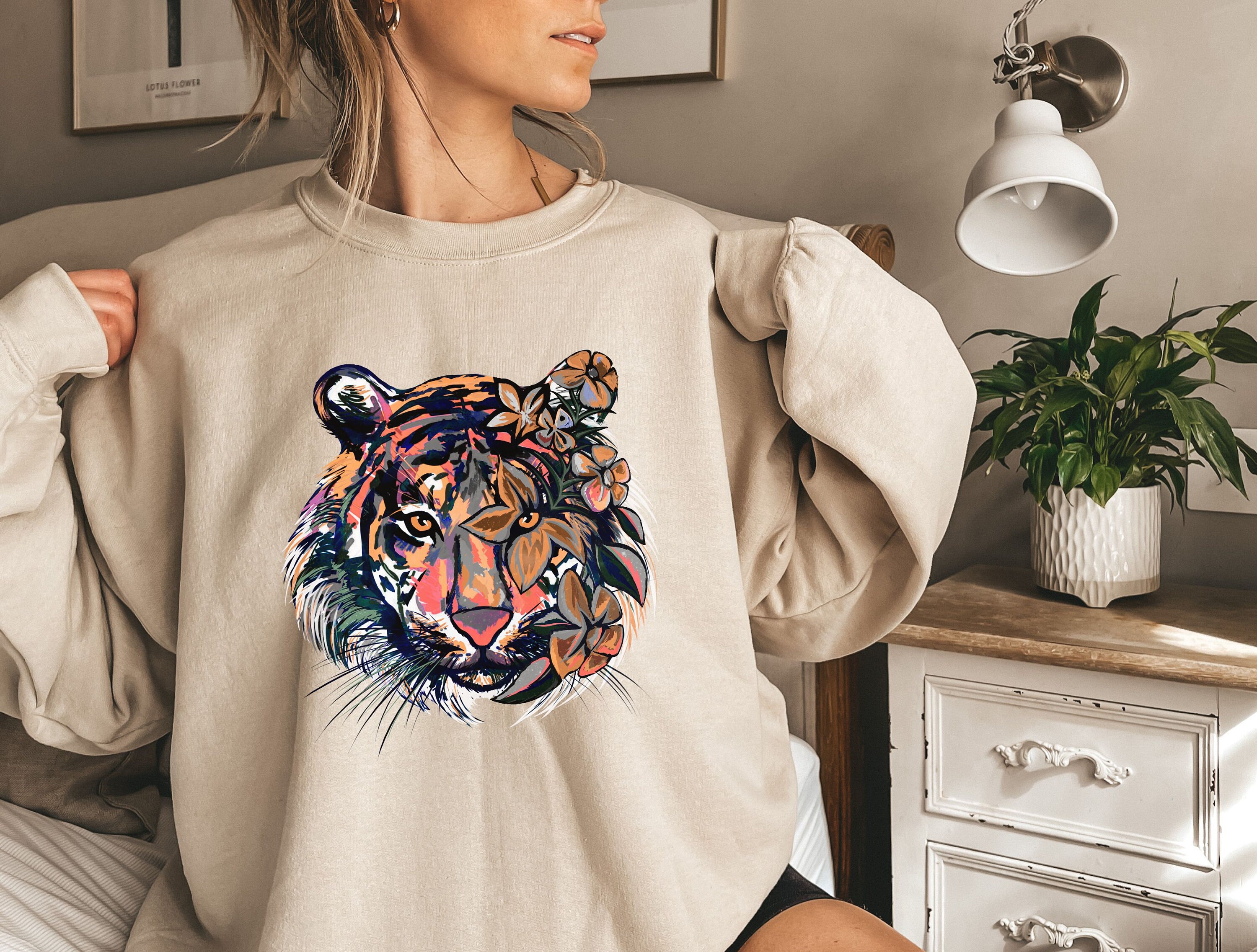 Floral Tiger Sweatshirt, Tiger Lover Gift, Women's Big Cat Tiger