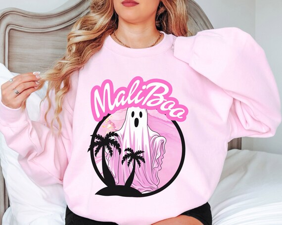 Maliboo Sweatshirt, Pink Halloween Shirts, Funny Retro Malibu 90's Halloween Shirt, Pink Spooky Ghost, Trendy Halloween Shirts for Women