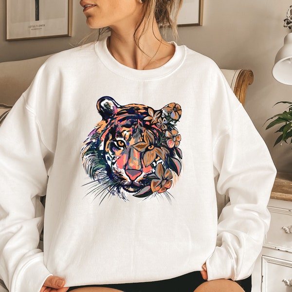Floral Tiger Sweater Tiger Face Majestic Tiger Wild Tiger Shirt for Animal Lover Big Cat Jumper Tiger Eye Womens Graphic Tees Gift For Her