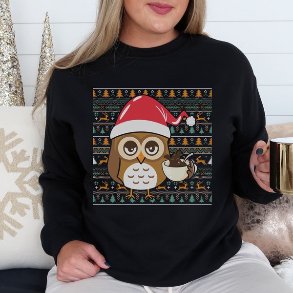 Christmas Coffee Sweatshirt, Funny Owl Drinking Coffee Ugly Christmas Sweater, Xmas Coffee Lover Gift, Womens Christmas Owl Latte Shirt