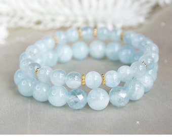 Aquamarine Crystal Stack bracelet for Clarity Focus Calming Gemstone beaded bracelet Self Confidence protection spiritual bracelet