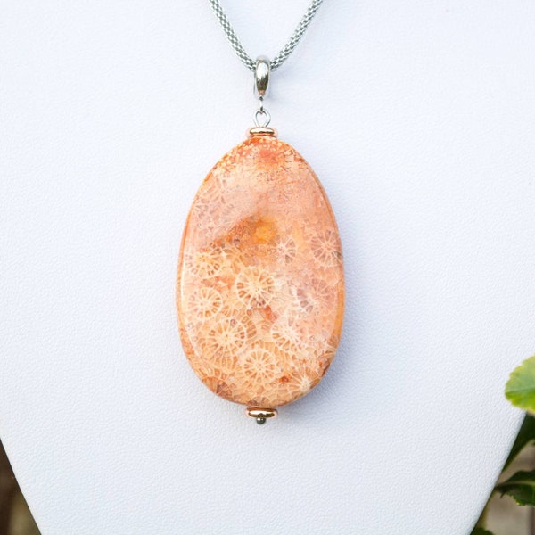 Chrysanthemum Fossil coral  Worry Stone Crystal Necklace, Freeform pendant on stainless steel necklace, Stress Relief Gemstone Necklace