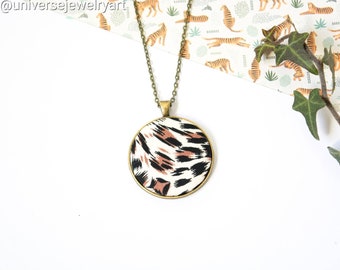 Jaguar print fabric necklace, Fabric Pendant Necklace, Animal Print Jewelry, Textile covered button jewelry, Jaguar necklace, Safari Jewelry