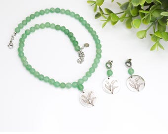 Elegante groene aventurijnketting, mei geboorte bloem lelietje-van-dalen sieraden, welvaart kristallen sieraden set, cadeau voor verjaardag mei