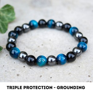 Triple Protection Bracelet, Negative Energy Protection Bracelet, Healing crystal bracelet, Hematite-obsidian-tiger eye Gemstone bracelet